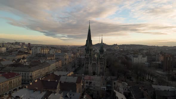 Golden sunset over Lviv, Ukraine. Aerial shot of Church of Ohla and Elizabeth