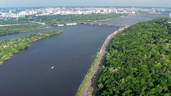 Beautiful flight from above over the capital of Ukraine Kiev.