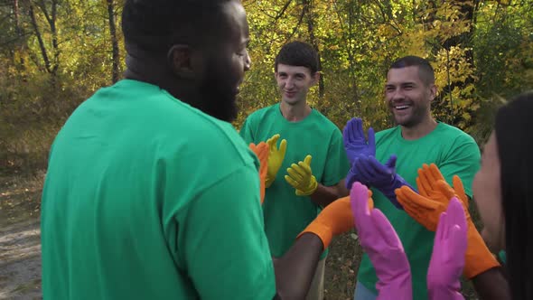 Happy Diverse Team Clapping After Forest Cleaning