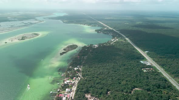 The different amazing colors of the Bacalar lagoon seen from the sky