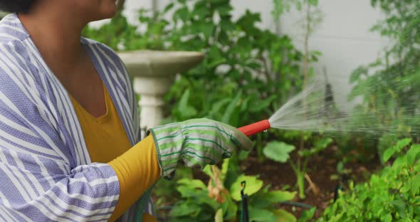 Video of happy plus size african american woman watering flowers in garden