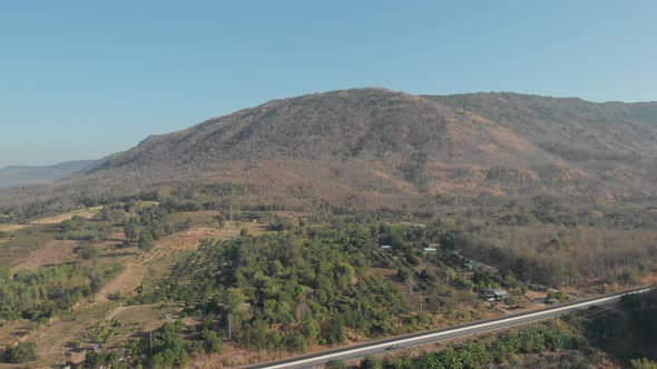 Aerial view of rural mountain, agriculture fields, landscape of countryside