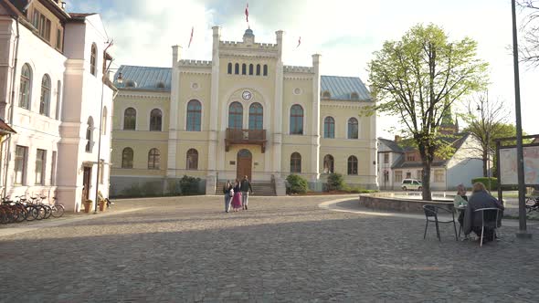 Government Office in Kuldiga, Latvia and Park With a Fountain.  Old City Medieval Historical Center