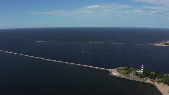 Aerial View of the Lighthouse and Mole at River Daugava in Latvia