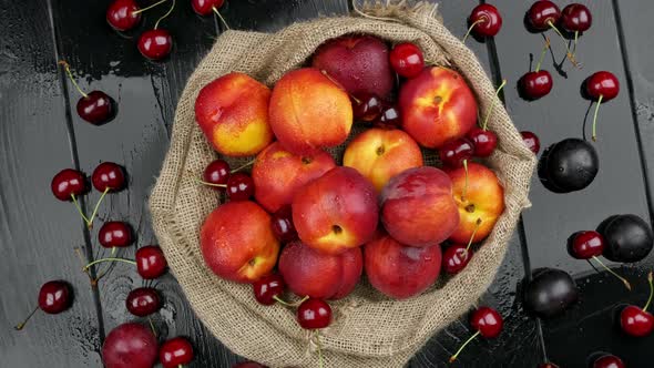 Nectarines Sweet Cherries Blueberries on a Wooden Table Autumn Fall Harvest in Summer