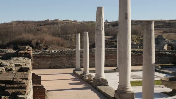 GAMZIGRAD, SERBIA - DECEMBER 25, 2017 Columns of Felix Romuliana  built by Roman Emperor Galerius. T