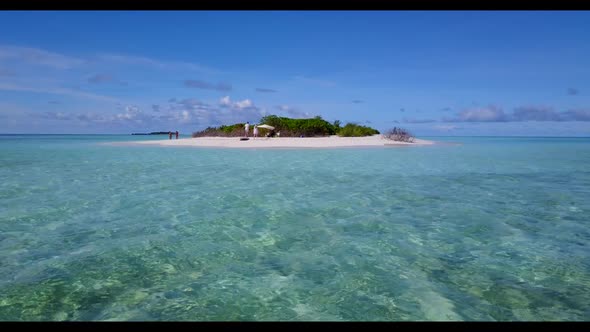 Young couple tan on perfect shore beach wildlife by blue green ocean with white sand background of t