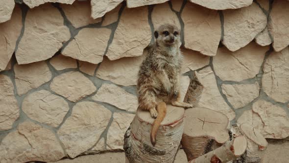 Meerkat Sitting On A Wooden Stump In The Zoo In Gdansk, Poland - wide