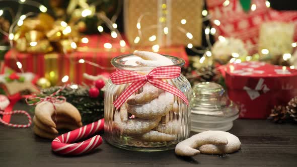 Can of of Traditional German or Austrian Vanillekipferl Vanilla Kipferl Cookies