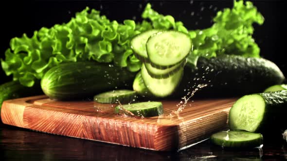 Pieces of Cucumber Fall on a Cutting Board with Splashes of Water