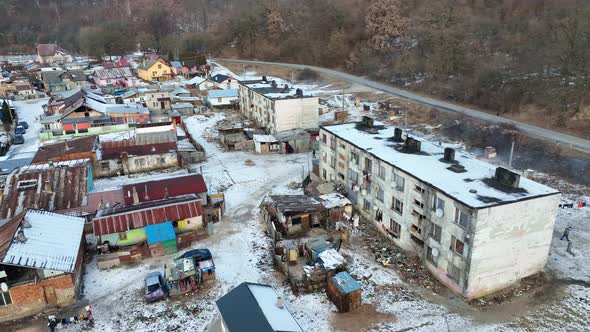 Aerial view of a Roma settlement in the village of Jasov in Slovakia