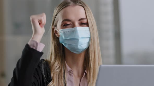 Caucasian Business Woman Worker Freelancer Student Manager Female Boss Wearing Medical Mask in