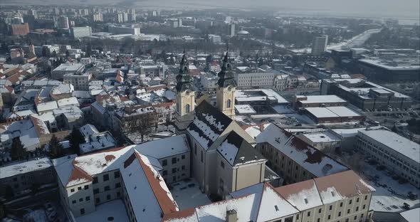 Wide shot of Church in Nitra, Winter, Aerial point of interest, Slovakia