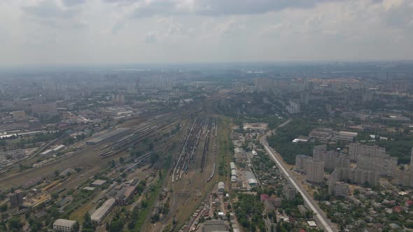 Railroad with Many Trains and the View of the City Landscape View