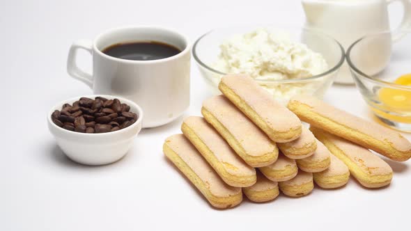 Ingredients for Cooking Tiramisu Savoiardi Biscuit Cookies, Mascarpone, Cream, Sugar, Cocoa