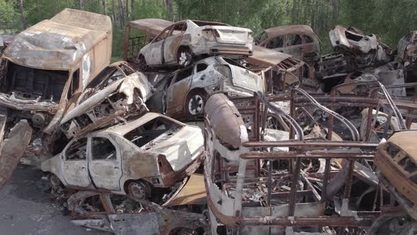 War in Ukraine a Dump of Burned Cars in Irpin Bucha District