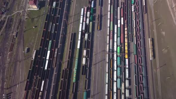 Aerial View of Railway Sorting Station and A Lot of Wagons at a Railway