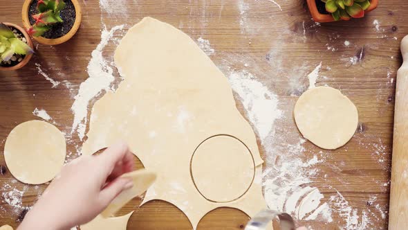 Flat lay. Step by step. Rolling dough for home made empanadas.