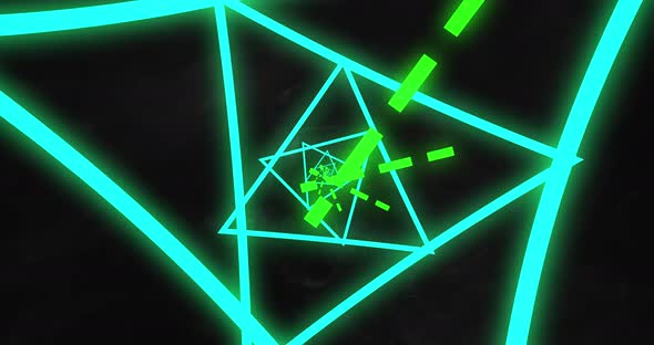 Multiple neon triangle shapes spinning against black background alt