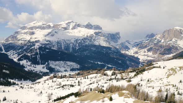 Aerial, Beautiful View On Snowy Dolomites Mountains, Huge Peaks And Beautiful Winter Landscape