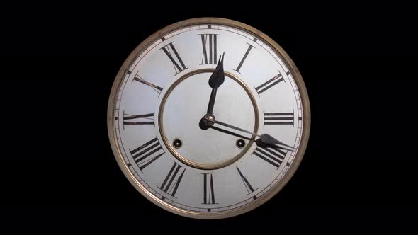 TIMELAPSE, CUT OUT ON BLACK, an antique clock with roman numerals