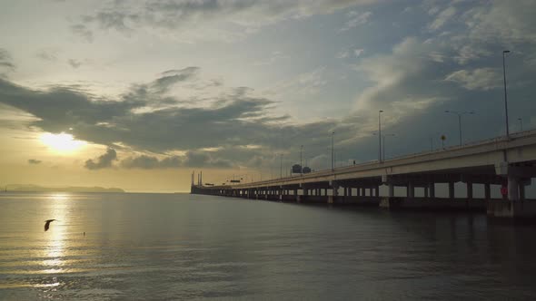 Panning sunrise of Penang Second Bridge