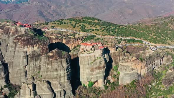 Aerial View of Monastery Rousanou and Varlaam Breathtaking Picturesque Valley and Landmark Canyon of