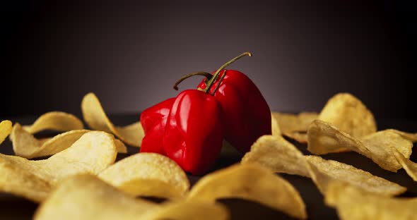 Hot Habanero Pepper and Potato Chips on a Black Background