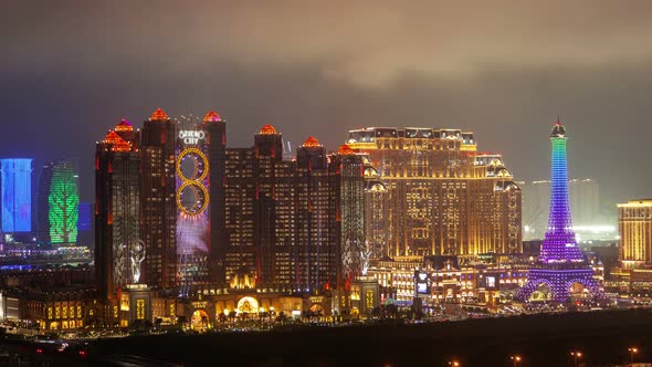 Macau Cotai Aerial Cityscape Night Timelapse Pan Up