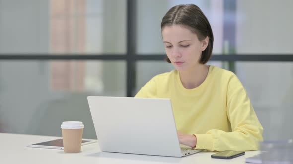 Young Woman Closing Laptop Standing Up Going Away