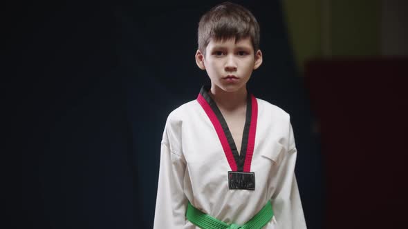 A Little Boy Doing Taekwondo  Bows and Looks in the Camera