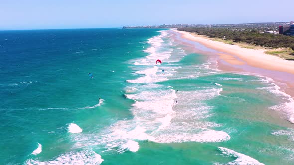 Aerial view of Kitesurfing off of Bokarina Beach, Queensland, Australia