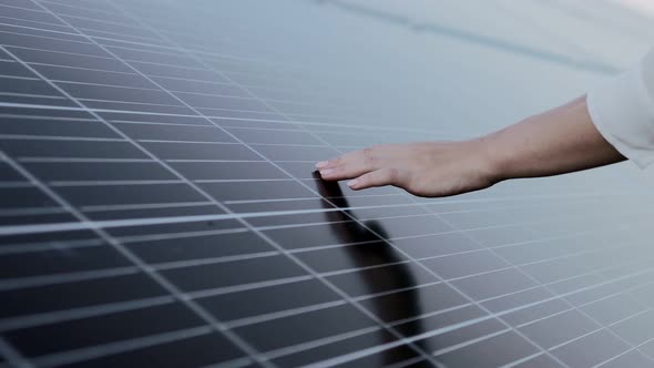 Inspector Engineer Woman Holding Digital Tablet Working in Solar Panels Power Farm