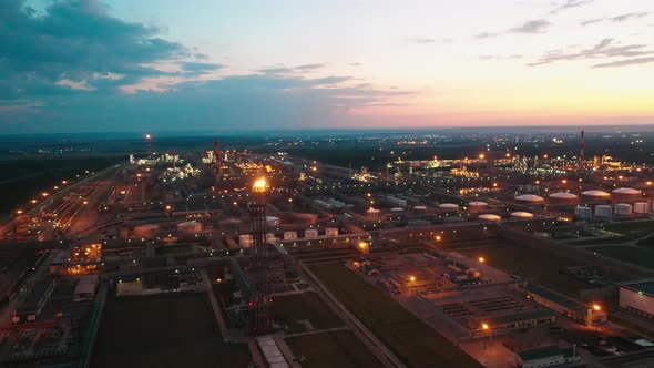 Oil Refinery Plant Filmed From Above at Sunset