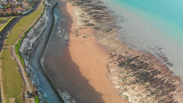 Drone aerial view of the beach and white cliffs, Margate, England, UK