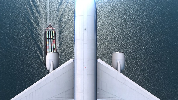 Airplane flies over Cargo ship  in the sea- aerial