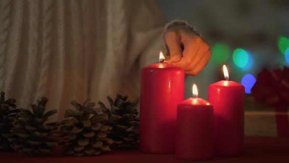 Little Adorable Girl Lighting Candles on Christmas Eve, Belief in Happy Future
