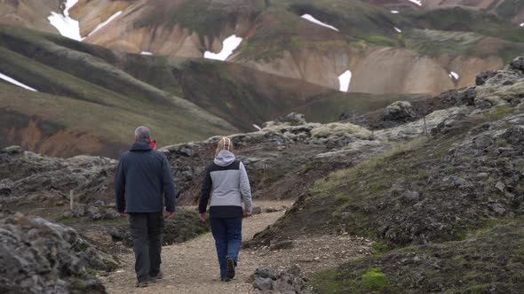 Travelers Hike at Landmannalaugar Iceland Highland
