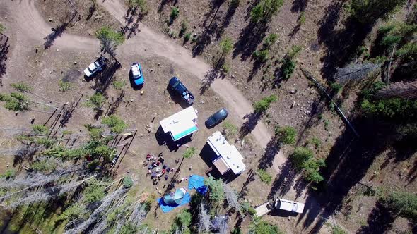 Aerial view of campsite in forest