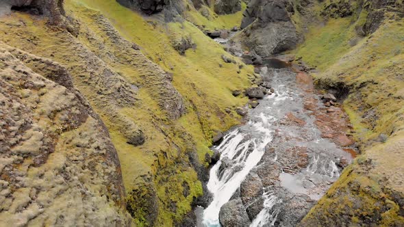 Stjornarfoss Waterfalls in Summer Season Amazing Aerial View