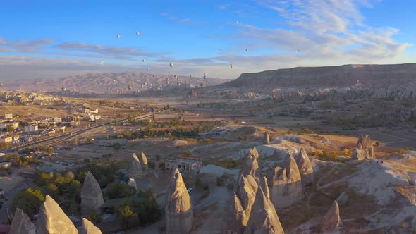 Aerial View of the Goreme Cave City and Hills in Cappadocia in Turkey