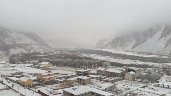 Aerial view of small town Stepantsminda, near mountain Kazbek, Georgia