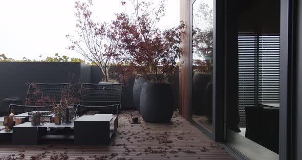 Minimalist Black Apartment with Style Terrace Japanese Trees and Wooden Floor