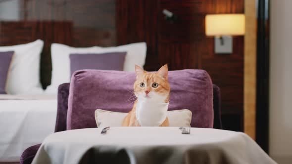 Red cat at the table in a hotel room