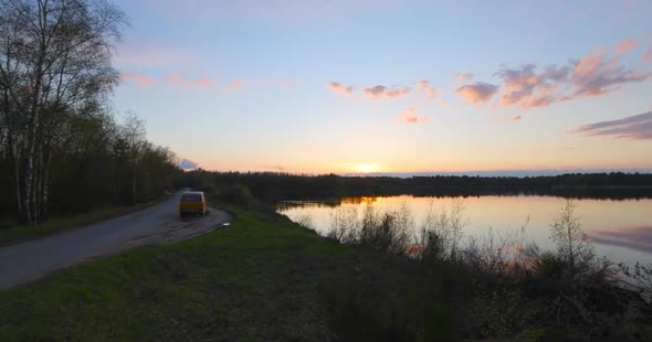 Panning Sunset Over a Forest Lake in Beerse Belgium Europe