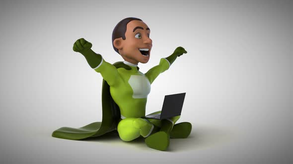 Fun 3D cartoon superhero typing on a laptop