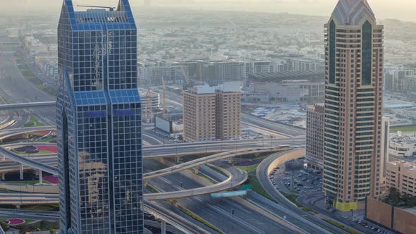 Traffic on a Busy Intersection on Sheikh Zayed Highway Aerial Timelapse