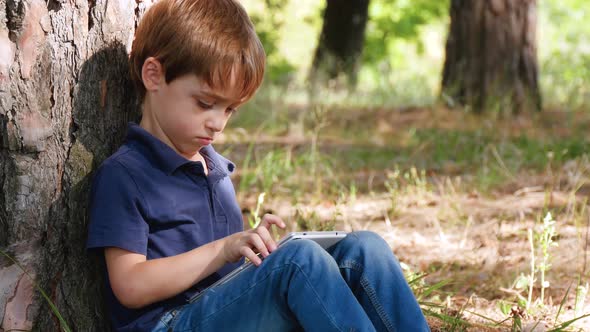 Portrait of a Little Boy of Preschool Age. A Child Is Watching Something on a Tablet Device