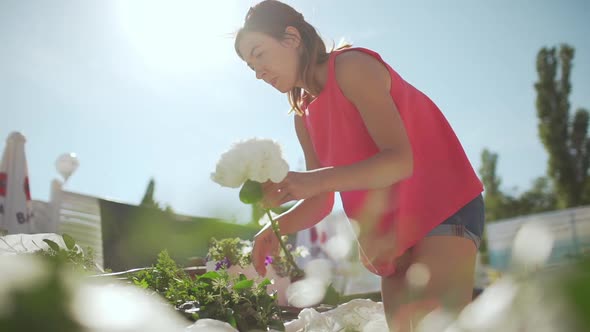 Young Beautiful Female in Pink Shirt Selecting Flowers to Make Bouquetin Slowmotion