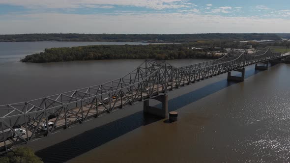 Aerial of McClugage Bridge in Peoria, Illinois.  Spinning view toward East  Peoria